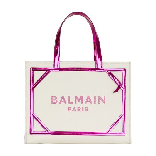 Balmain B-Army 42 Tote Bag In Canvas And Mirror-Effect Leather in pink