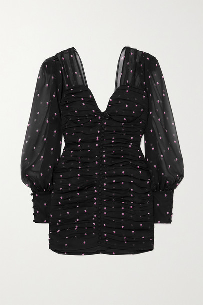 RETROFÊTE - Calla Ruched Printed Silk-chiffon Mini Dress - Black