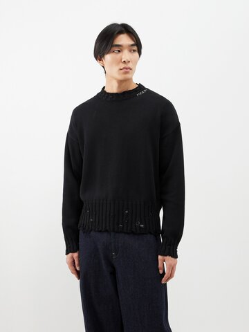 marni - disheveled logo-embroidered cotton sweater - mens - black