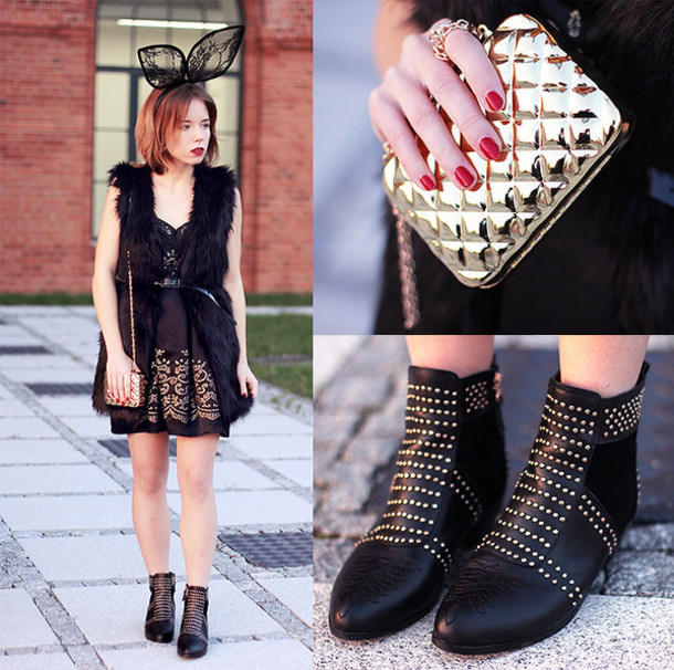 dress fashion week day fashion week rivet stud boots gold brand bag cute black dress shoes rivet boots
