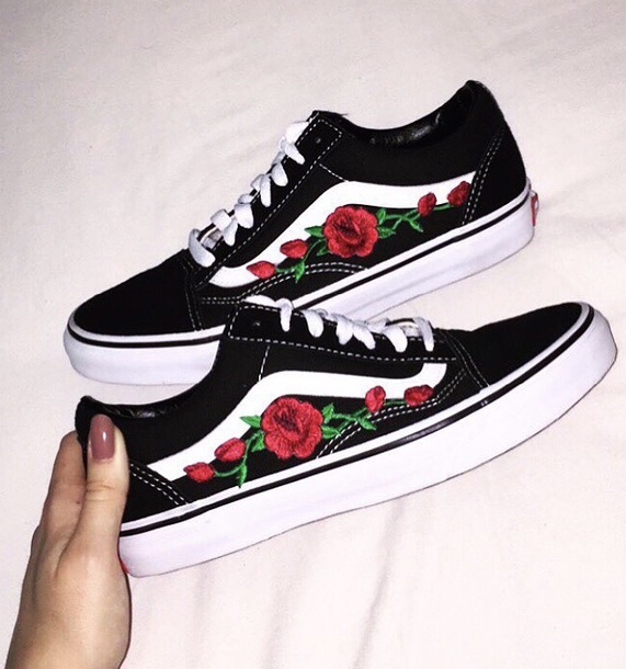 shoes, vans, floral vans, roses vans 