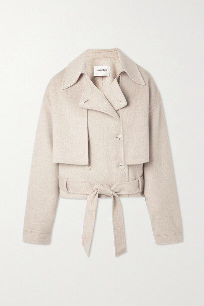 Nanushka - Satoyo Cropped Belted Double-breasted Wool And Silk-blend Jacket - Neutrals