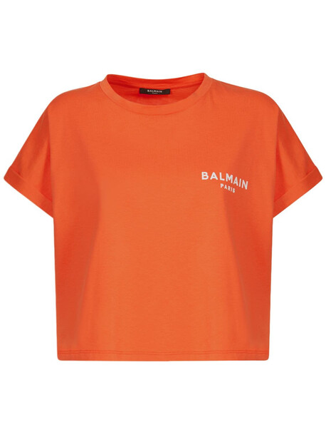 BALMAIN Flocked Logo Cotton Jersey T-shirt in orange