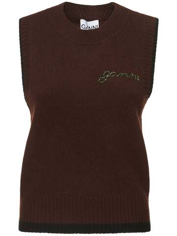GANNI O Neck Wool & Cashmere Logo Vest in brown