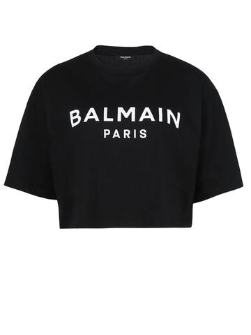 Balmain Black Cotton Cropped T-shirt in nero