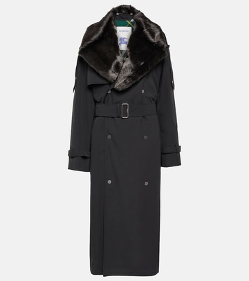 burberry kennington faux fur-trimmed trench coat in black