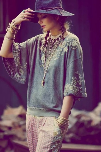 blouse blue top bangle floppy hat jewelled top embroidered sweatshirt