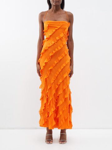 staud - elvire open-back ruffled crepe maxi dress - womens - orange