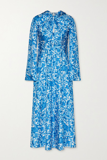VALENTINO - Tie-neck Printed Silk Midi Dress - Blue
