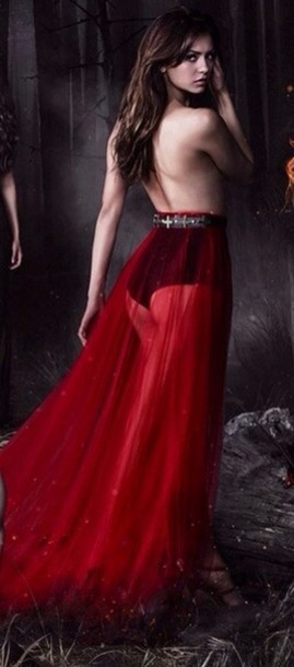 dress red sheer shirt prom dress gown evening dress beautiful red dress high waisted skirt