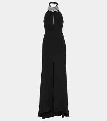 valentino floral-appliqué cutout front-slit gown in black