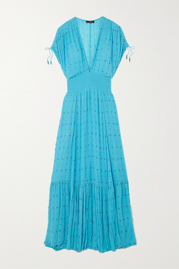 retrofête - tennie crystal-embellished tiered plissé-silk georgette maxi dress - blue