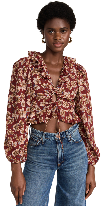 endless rose Crinkled Floral Center Cutout Blouse in burgundy / multi