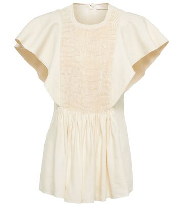 Chloé Smocked linen and silk twill top in beige