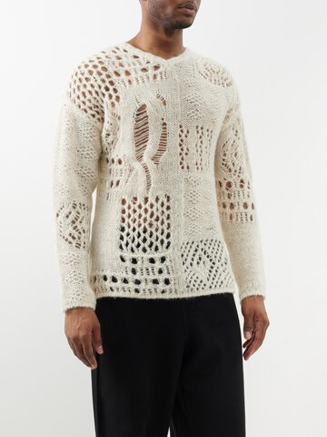 our legacy - v-neck crochet-knit alpaca-blend sweater - mens - off white
