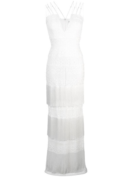Tadashi Shoji V-plunge fringed dress in white