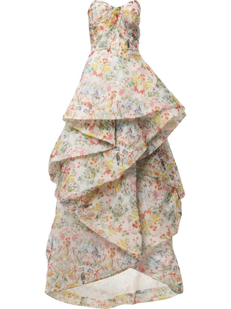 Monique Lhuillier floral-print organza ruffled gown in neutrals