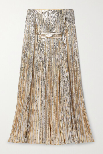 elie saab - off-the-shoulder cape-effect sequined tulle gown - gold