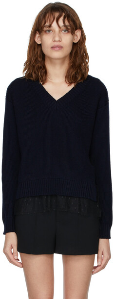 RED Valentino Navy Lace V-Neck Sweater in nero