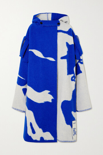 burberry - oversized hooded appliquéd wool-jacquard coat - blue