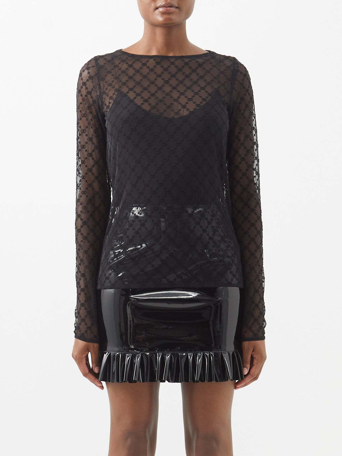 Gucci - GG-embroidered Tulle Top - Womens - Black