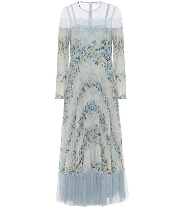 redvalentino tulle-trimmed floral midi dress in blue