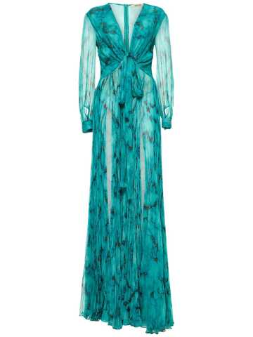 ROBERTO CAVALLI Printed Silk Chiffon Long Dress in turquoise