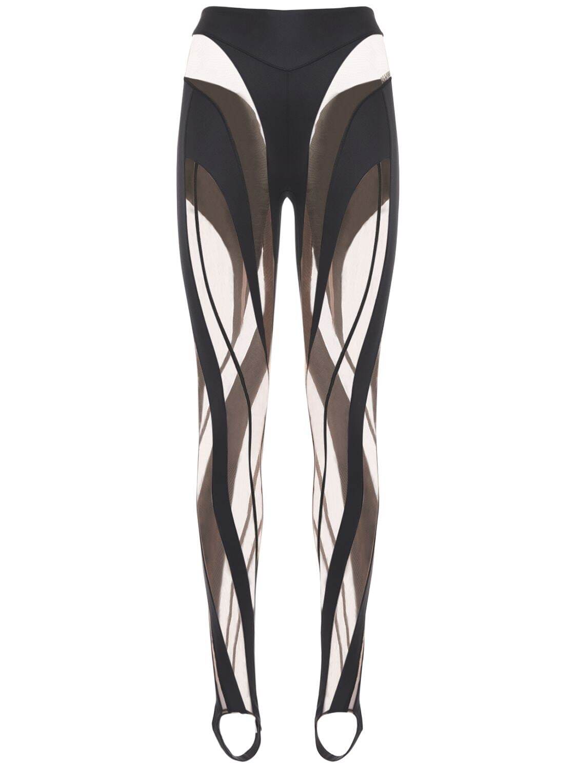 MUGLER Shiny & Sheer Tulle Leggings in black