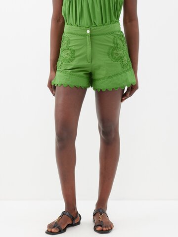 juliet dunn - ricrac-trim cotton-poplin shorts - womens - olive green