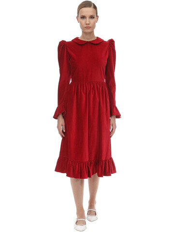 BATSHEVA Ruffled Velvet Midi Dress in red