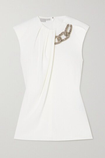 stella mccartney - + net sustain falabella crystal-embellished pleated stretch-crepe top - white