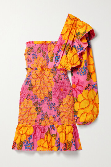 farm rio - one-sleeve smocked floral-print cotton-voile mini dress - pink