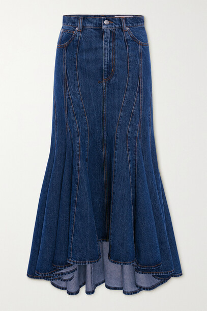 Alexander McQueen - Paneled Pleated Denim Midi Skirt - Blue