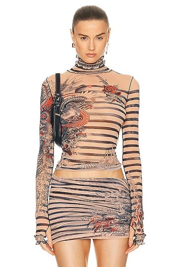 jean paul gaultier printed mariniere tattoo high neck long sleeve top in nude in blue / red