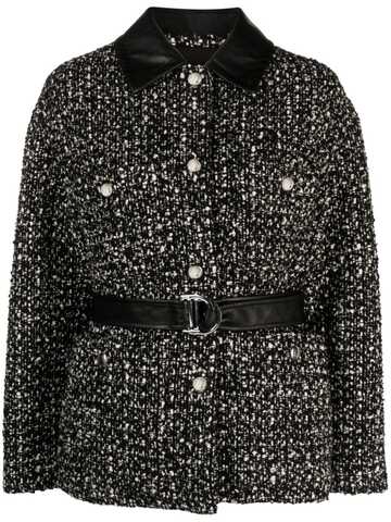 maje belted faux leather-trim tweed jacket - black