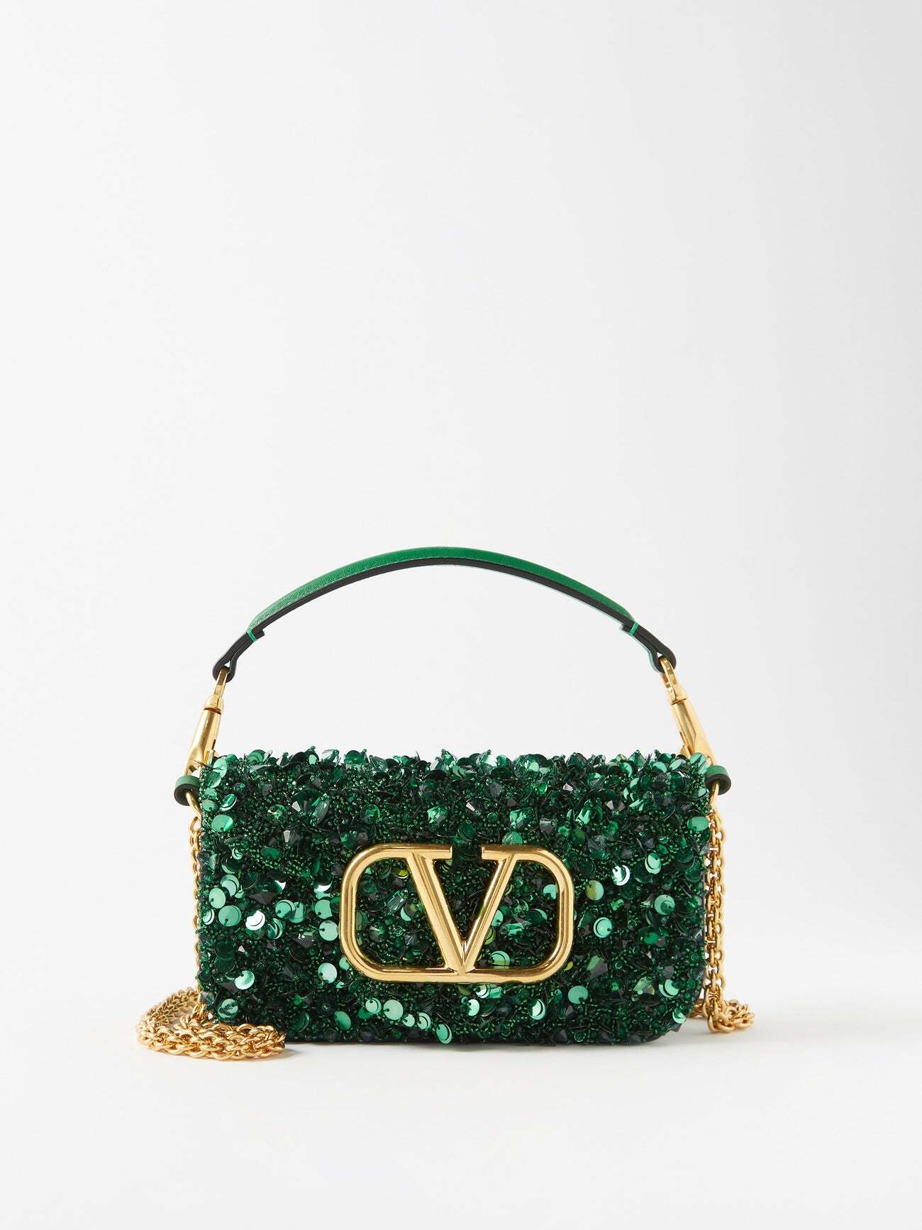Valentino Garavani - Locò Small Sequinned-leather Shoulder Bag - Womens - Dark Green