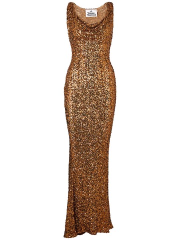 VIVIENNE WESTWOOD Liz Sequined Plunge Neck Long Gown in copper