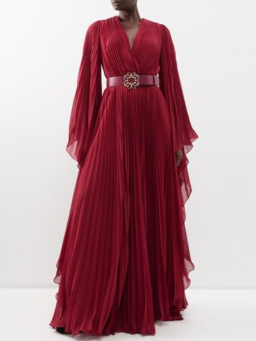 elie saab - belted pleated-georgette gown - womens - burgundy
