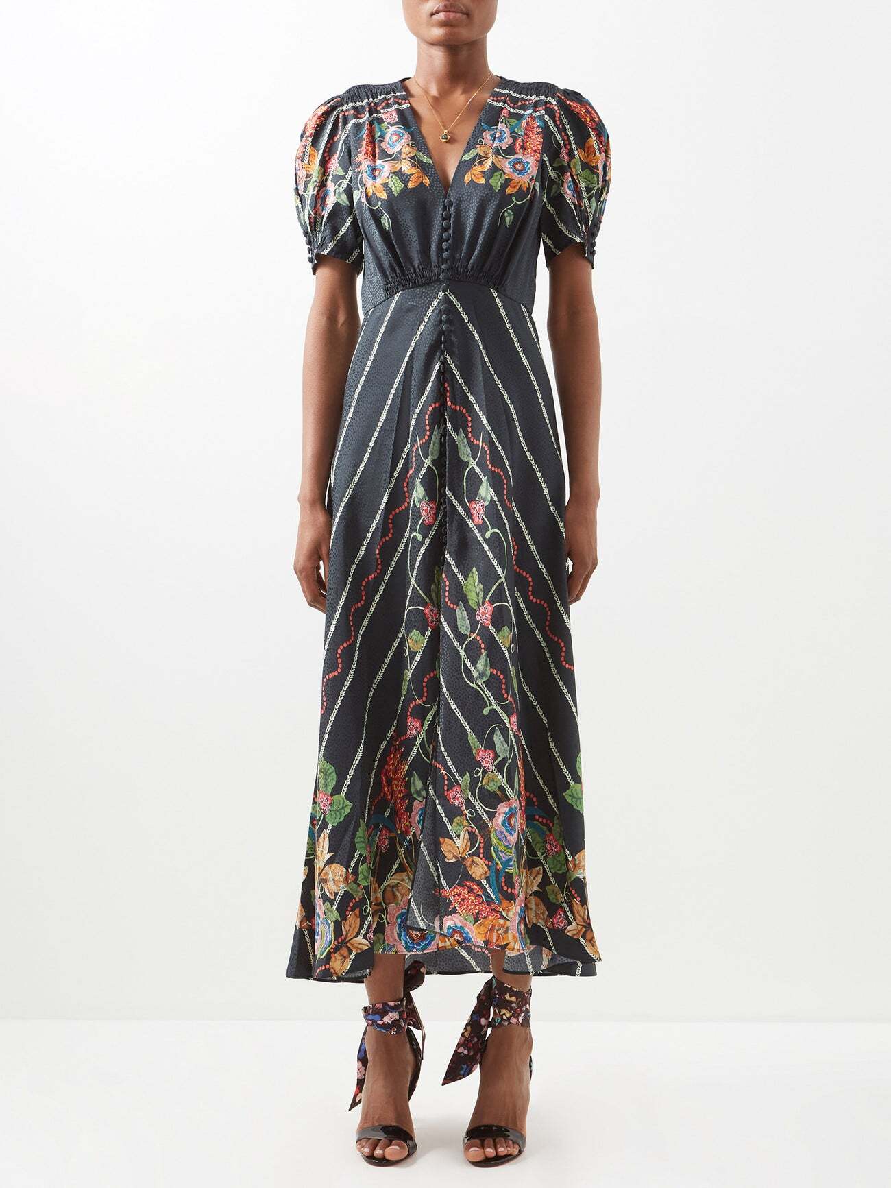 Saloni - Lea Floral-print Silk-satin Maxi Dress - Womens - Black Multi