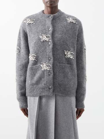 burberry - crystal horse-embellished wool-blend cardigan - womens - grey