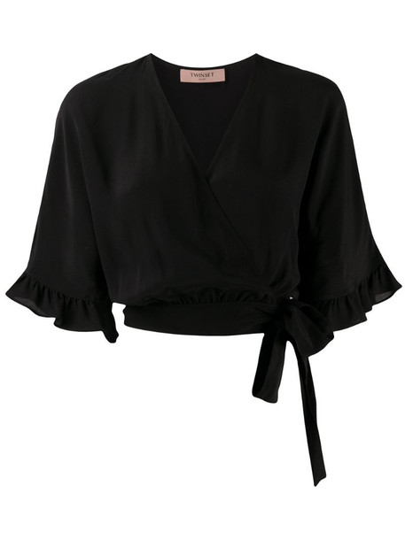 Twin-Set ruffle-trimmed wrap blouse in black