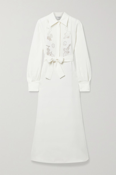 VALENTINO - Belted Lace-trimmed Pintucked Cady Midi Dress - Cream
