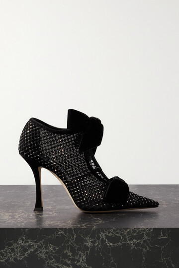 jimmy choo - flaca 100 velvet-trimmed crystal-embellished mesh ankle boots - black