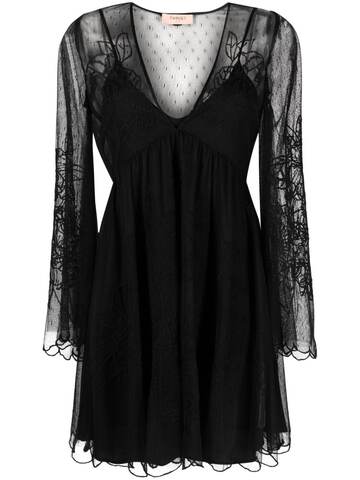 twinset layered lace flared dress - black