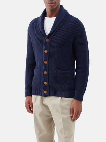 brunello cucinelli - shawl-neck cotton cardigan - mens - navy