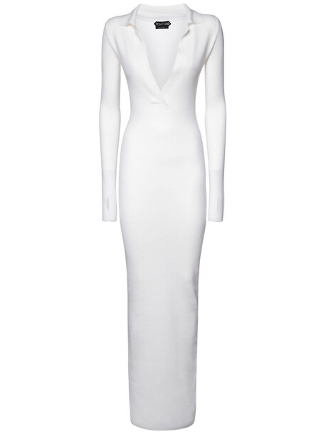 TOM FORD Ribbed Stretch Wool Blend Long Dress in white