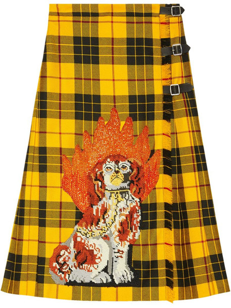 Gucci Embroidered tartan wool skirt in yellow