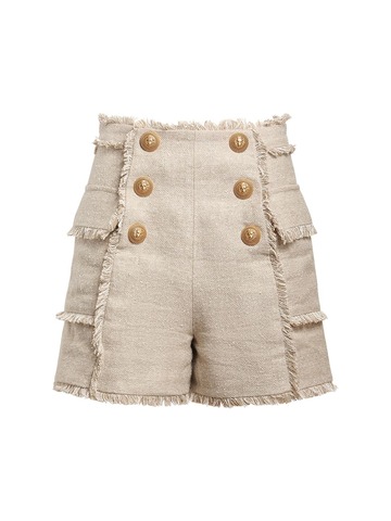 BALMAIN Linen & Silk Canvas Fringed Mini Shorts in beige