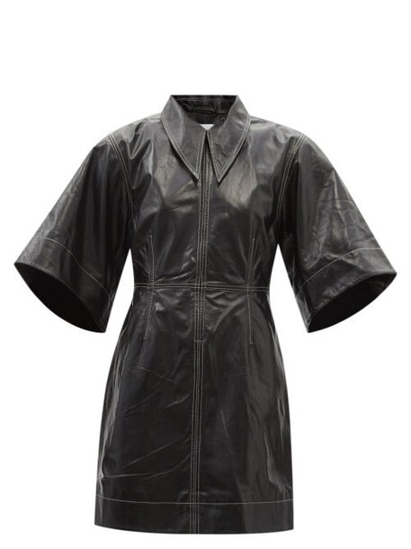 Ganni - Point-collar Leather Shirt Dress - Womens - Black