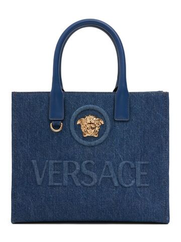 versace small denim tote bag in navy